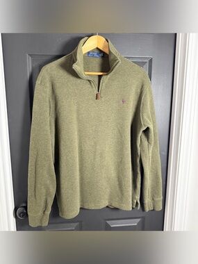 Ralph Lauren Olive Green Quarter-Zip Sweater with Purple Pony